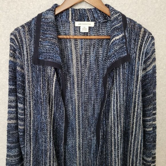 Liz Claiborne Womens Crochet Open Cardigan Size XL Navy 3/4 Sleeve Lagenlook - Picture 3 of 11